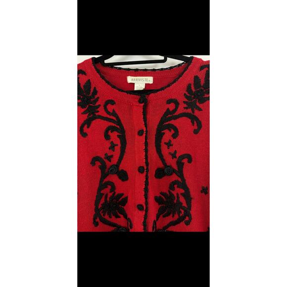 Arriviste Large Red Black Embroidered Button-Up Cardigan Women’s Vintage Look - Picture 3 of 6